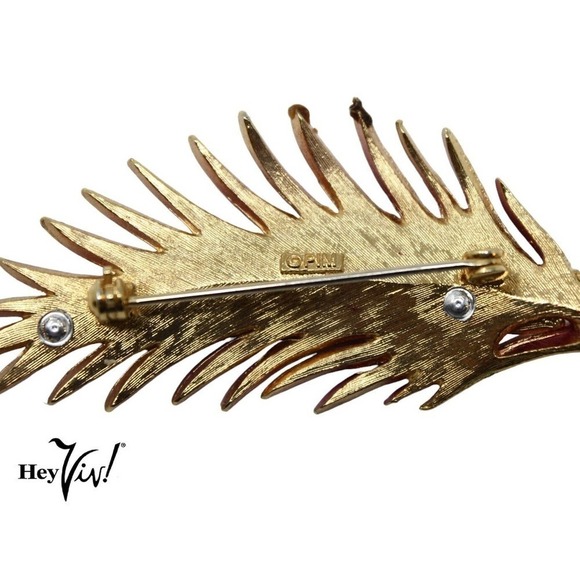 Vintage Signed PIM Leaf Feather Gold Pin Brooch w Red Enamel 3" Long - Hey Viv ! - Picture 3 of 6